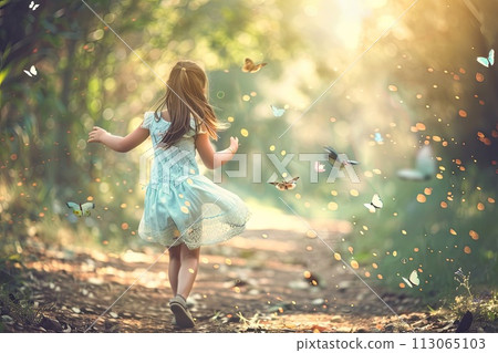 Little Girl in Blue Dress Running Through Forest 113065103