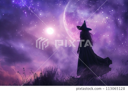 Woman in Witchs Hat Standing on Hill 113065128