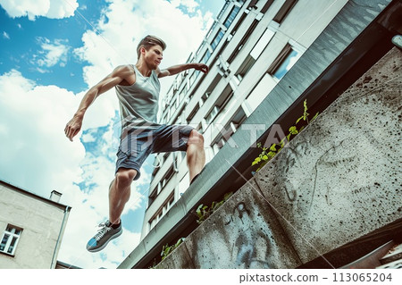 Skilled Skateboarder Performing Trick on Skateboard 113065204