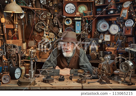 Old Man Surrounded by Clocks 113065215