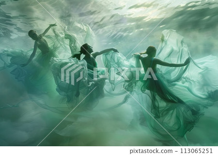 Group of Women in Long Dresses Floating in Water 113065251