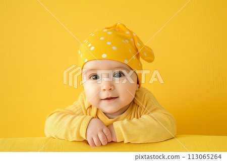 Baby Wearing a Yellow Polka Dot Hat 113065264