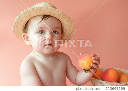 Baby in a Straw Hat Holding a Peach 113065269