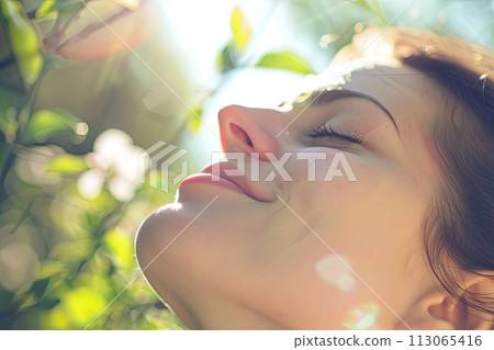 Woman With Closed Eyes Looking Up At Sky Woman With Closed Eyes Looking Up At Sky 113065416