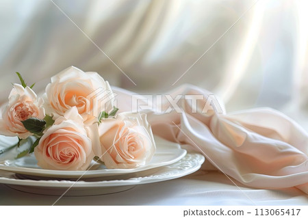 White Plate With Pink Roses on Table 113065417