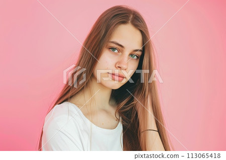 Woman With Long Hair Standing in Front of Pink Background Woman With Long Hair Standing in Front of Pink Background 113065418