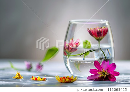 Glass Filled With Water and Floating Flowers 113065425