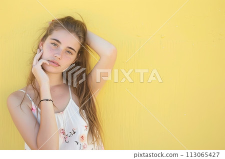 Woman Leaning Against Yellow Wall 113065427