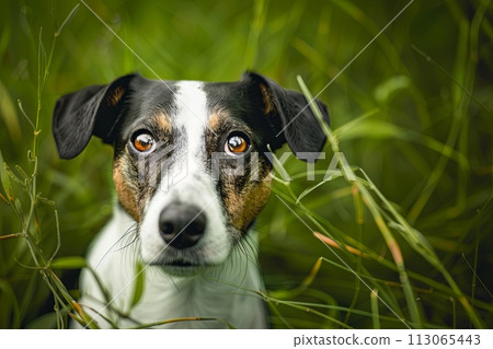Dog Close Up in Field of Grass Dog Close Up in Field of Grass 113065443