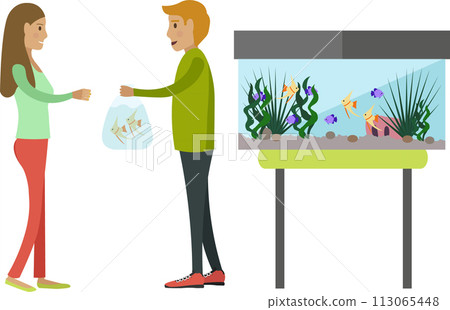 Woman customer buying fish at zoo shop vector icon isolated on white Woman customer buying fish at zoo shop vector icon isolated on white 113065448