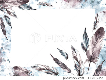 Watercolor painted monochrome banner. Bird grey feathers with graphic ink line on watercolor brush stroke splashes. Real wings card template illustration. Clipart for print. Isolated white background 113065454