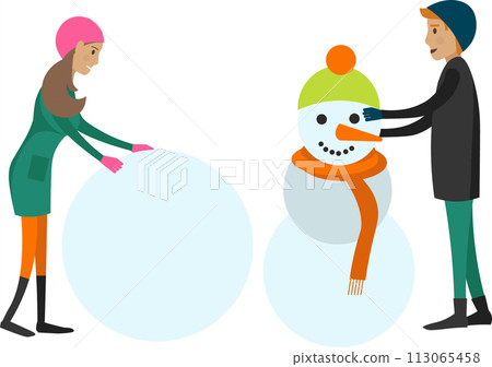 Happy couple making snowman outdoors in winter vector icon isolated on white Happy couple making snowman outdoors in winter vector icon isolated on white 113065458
