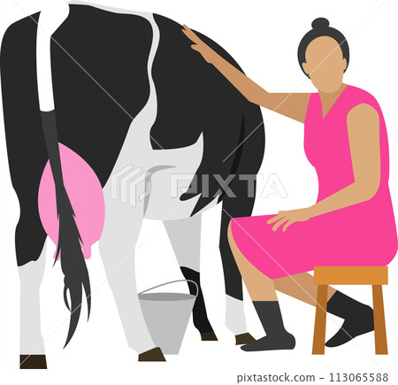 Milkmaid farmer milking cow vector icon isolated on white 113065588