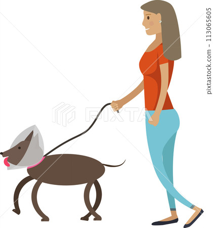 Woman walking with dog in collar after veterinarian appointment vector icon isolated on white 113065605
