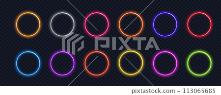 Glowing circle neon button. light frame designs blue, pink, yellow, abstract mandala bright colored for web design, app, game and interface. 113065685