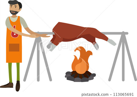 Man roasting lamb on fire vector icon isolated on white Man roasting lamb on fire vector icon isolated on white 113065691