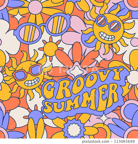 Funky Seamless pattern with retro 70s groovy elements, simple hippy symbols - Colored daisy flowers, sun, sunglasses lettering text Groovy summer. Contour vector illustration. 113065699