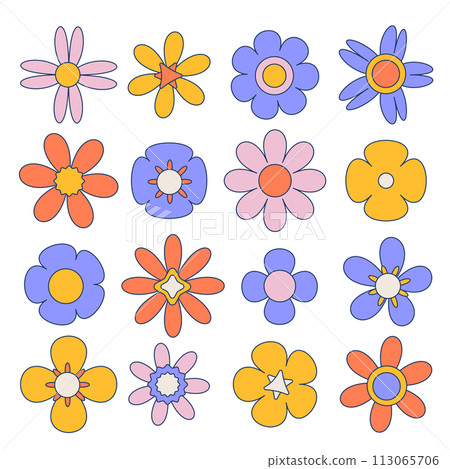 Retro Groovy geometric flowers set. Hippie psychedelic daisy stickers in vintage 1970 style. Vector Disco flowers isolated on white background with thin contour Retro Groovy geometric flowers set. Hippie psychedelic daisy stickers in vintage 1970 style. Vector Disco flowers isolated on white background with thin contour 113065706