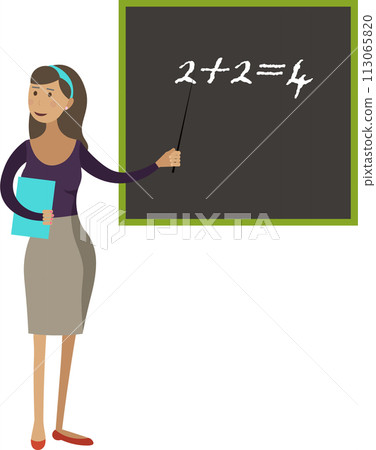 Teacher at blackboard teaching math vector icon isolated on white Teacher at blackboard teaching math vector icon isolated on white 113065820