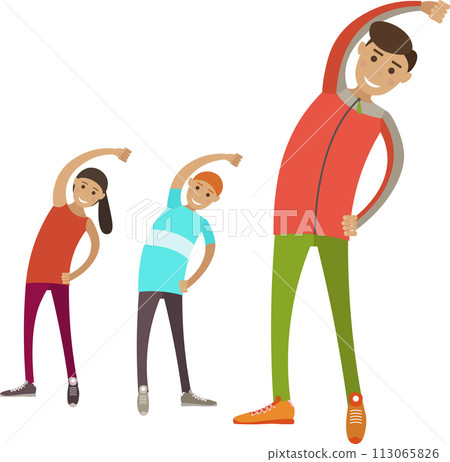 Physical education teacher doing exercise with children on lesson vector icon isolated on white Physical education teacher doing exercise with children on lesson vector icon isolated on white 113065826