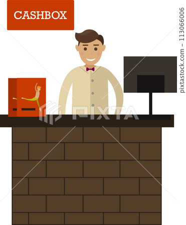 Cashbox with cahier at desk counter vector icon isolated on white Cashbox with cahier at desk counter vector icon isolated on white 113066006