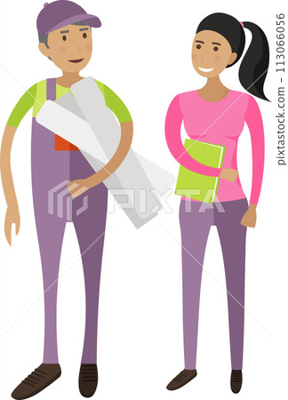 Man and woman warehouse worker logistics team vector icon isolated on white 113066056
