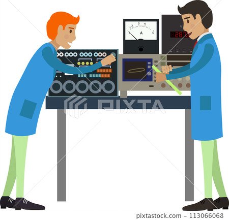 Scientists laboratory workers conducting analysis and research vector icon isolated on white 113066068