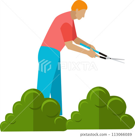 Male gardener trimming bush branches vector icon isolated on white 113066089
