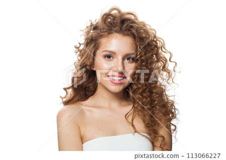 Glamorous good-looking redhead woman with clean skin, curly hairstyle and natural make-up. Glamorous good-looking redhead woman with clean skin, curly hairstyle and natural make-up. 113066227