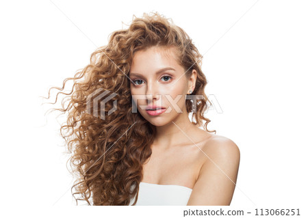 Stylish woman face. Young model with healthy skin, long hair and makeup on white background Stylish woman face. Young model with healthy skin, long hair and makeup on white background 113066251