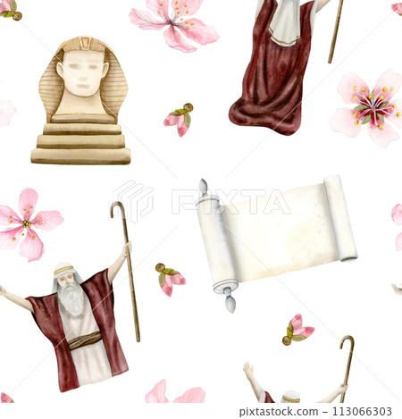 Egypt statue of Sphinx, Jewish prophet Moses and Torah scroll watercolor floral seamless pattern on white background for Passover Exodus concepts and Haggadah story 113066303