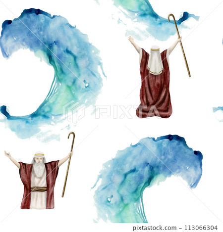 Exodus watercolor seamless pattern on white with Moses separating Red sea with waves hand drawn background for Passover Haggadah story greeting banners 113066304