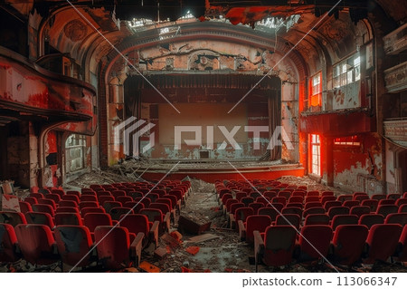 An abandoned cinema with an old worn out stage and broken seats. The theater is filled with debris from past years of use, creating an eerie atmosphere An abandoned cinema with an old worn out stage and broken seats. The theater is filled with debris from past years of use, creating an eerie atmosphere 113066347