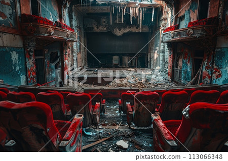 An abandoned cinema with an old worn out stage and broken seats. The theater is filled with debris from past years of use, creating an eerie atmosphere An abandoned cinema with an old worn out stage and broken seats. The theater is filled with debris from past years of use, creating an eerie atmosphere 113066348