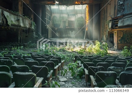 abandoned theater with rows of seats and a broken stage, filled with debris from the fire that destroyed it. 113066349