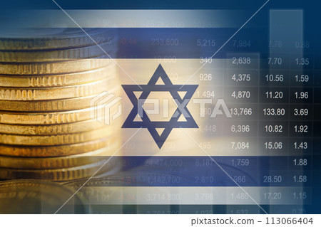 Israel flag with stock market finance, economy trend graph digital technology. Israel flag with stock market finance, economy trend graph digital technology. 113066404