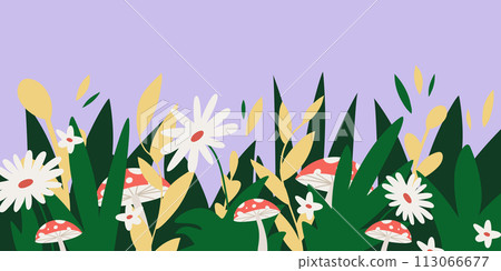 Botanical background and border with leaves, flowers and mushrooms. A natural banner with an ornament. 113066677
