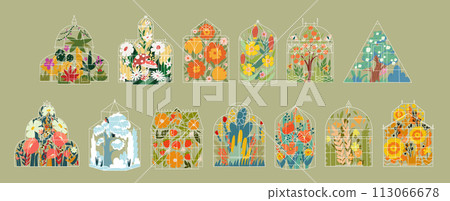 A set of greenhouse with flowers, tree and leafs. Vintage floral glasshouses garden. A set of greenhouse with flowers, tree and leafs. Vintage floral glasshouses garden. 113066678