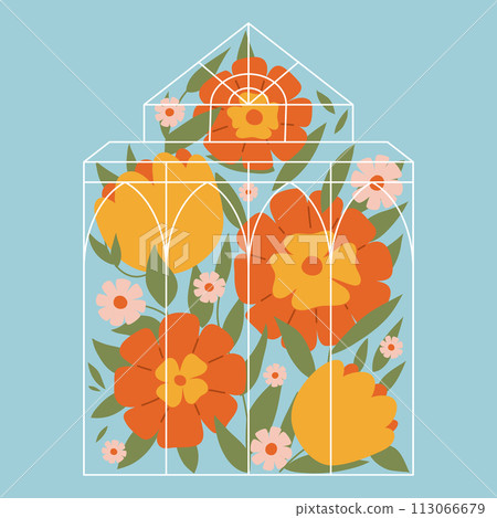 A greenhouse with flowers. Spring blooming glasshouse. Floral illustration 113066679