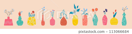 Set, a collection of abstract vase with flowers, plants different colors and shapes. Vector illustration 113066684