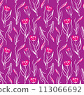 Sketch-style tulip and narcissus pattern, hand-drawn on violet background for unique designs 113066692