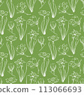 Sketch-style magnolia and narcissus pattern, hand-drawn on green background for packaging designs 113066693