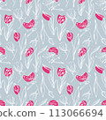 Sketch-style tulip, magnolia and narcissus pattern, hand-drawn on blue background for unique designs 113066694