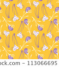Sketch-style crocus and narcissus pattern, hand-drawn on yellow background for unique design. 113066695