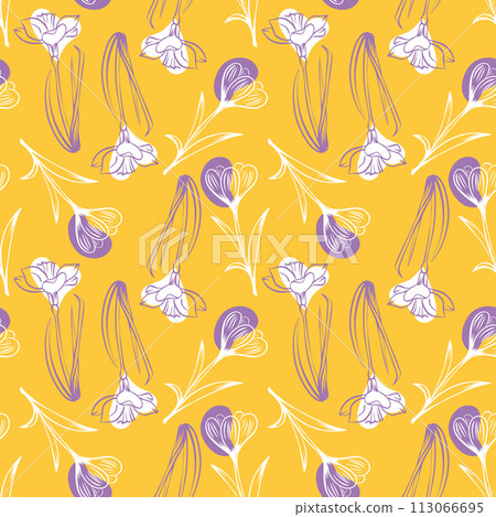 Sketch-style crocus and narcissus pattern, hand-drawn on yellow background for unique design. 113066695