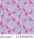 Sketch-style tulip, crocus and magnolia pattern, hand-drawn on blue background 113066696
