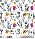 Sketch-style flowers pattern, hand-drawn on white background for unique packaging designs 113066698