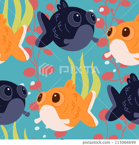 Seamless pattern of cartoon goldfish. Background with cute funny sea fish. Vector cartoon flat illustration Seamless pattern of cartoon goldfish. Background with cute funny sea fish. Vector cartoon flat illustration 113066699