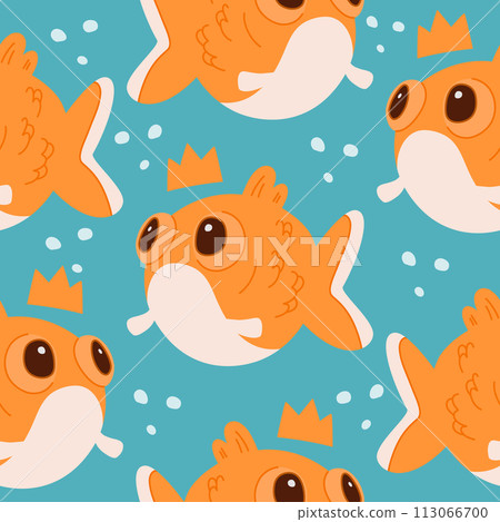 Seamless pattern of cartoon goldfish. Background with cute funny sea fish. Vector cartoon flat illustration Seamless pattern of cartoon goldfish. Background with cute funny sea fish. Vector cartoon flat illustration 113066700