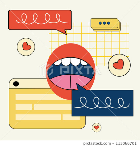 The concept of communication and communication. Conversational bubbles, emoji symbols. Abstract illustration. The concept of communication and communication. Conversational bubbles, emoji symbols. Abstract illustration. 113066701